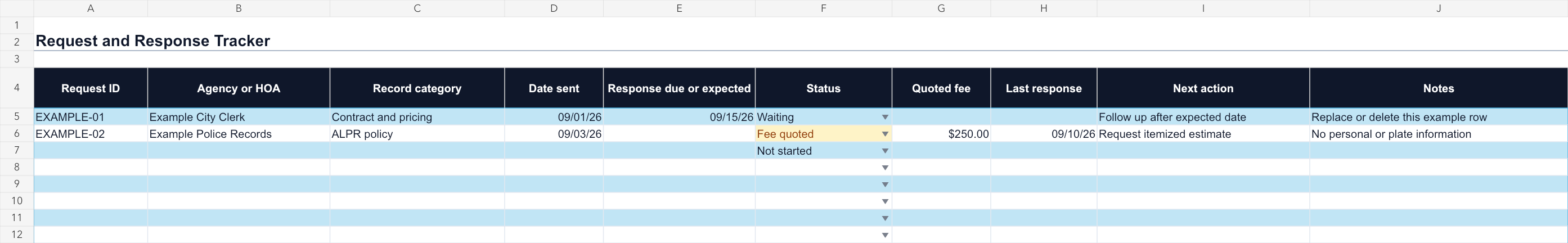 Request and response tracking spreadsheet preview